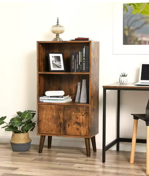 Retro Boekenkast met Deuren en 2 Open Planken – Houten Opbergkast met Massief Houten Poten, Vintage Bruin