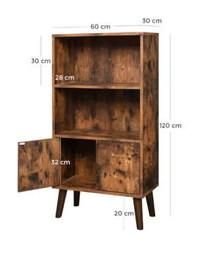 Retro Boekenkast met Deuren en 2 Open Planken – Houten Opbergkast met Massief Houten Poten, Vintage Bruin