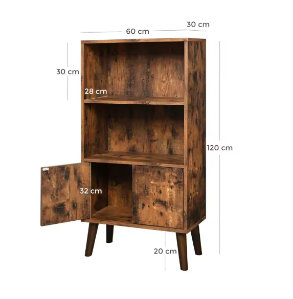 Retro Boekenkast met Deuren en 2 Open Planken – Houten Opbergkast met Massief Houten Poten, Vintage Bruin