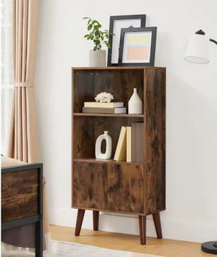 Retro Boekenkast met Deuren en 2 Open Planken – Houten Opbergkast met Massief Houten Poten, Vintage Bruin