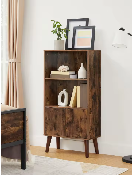 Retro Boekenkast met Deuren en 2 Open Planken – Houten Opbergkast met Massief Houten Poten, Vintage Bruin