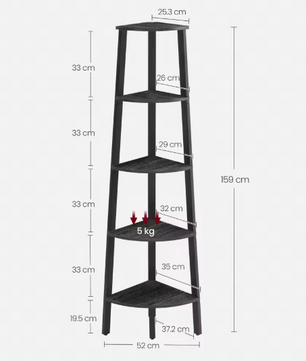 Industriële Hoekboekenkast met 5 Planken – Laddervormig Wandrek met Stalen Frame en Houten Legplanken