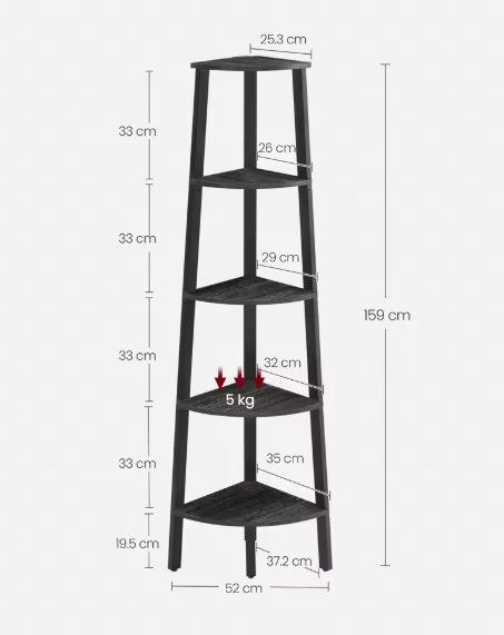 Industriële Hoekboekenkast met 5 Planken – Laddervormig Wandrek met Stalen Frame en Houten Legplanken