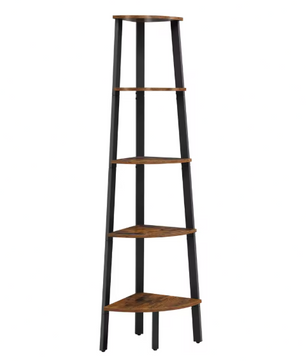 Industriële Hoekboekenkast met 5 Planken – Laddervormig Wandrek met Stalen Frame en Houten Legplanken