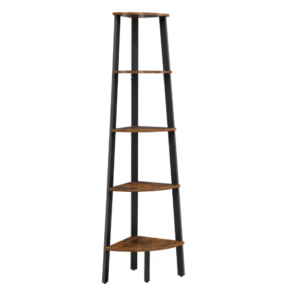 Industriële Hoekboekenkast met 5 Planken – Laddervormig Wandrek met Stalen Frame en Houten Legplanken