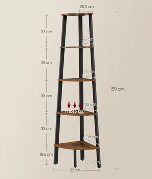 Industriële Hoekboekenkast met 5 Planken – Laddervormig Wandrek met Stalen Frame en Houten Legplanken
