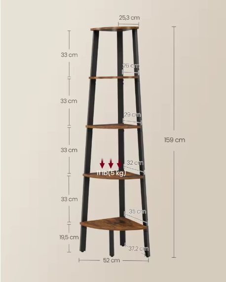 Industriële Hoekboekenkast met 5 Planken – Laddervormig Wandrek met Stalen Frame en Houten Legplanken