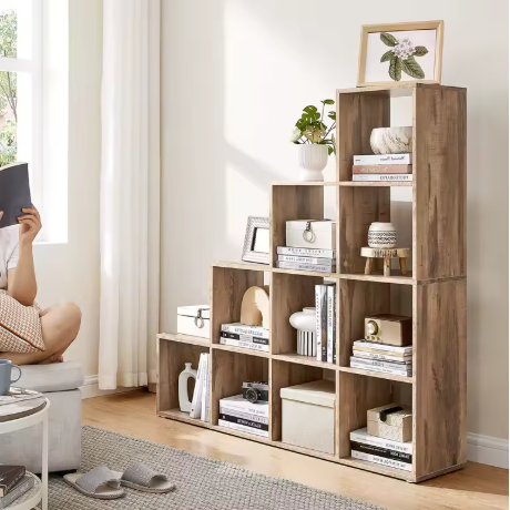 Boekenkast met 10 Vakken – Houten Kamerverdeler met Open Opbergvakken en Kantelbeveiliging