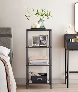 Moderne Staande Plank met 4 Glazen Planken – Metalen Frame, Compact en Stabiel voor Badkamer of Keuken