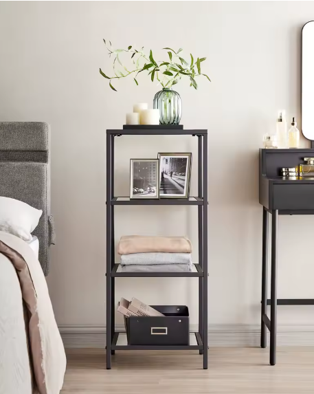 Moderne Staande Plank met 4 Glazen Planken – Metalen Frame, Compact en Stabiel voor Badkamer of Keuken