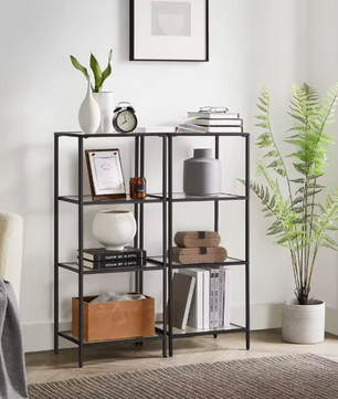 Moderne Staande Plank met 4 Glazen Planken – Metalen Frame, Compact en Stabiel voor Badkamer of Keuken