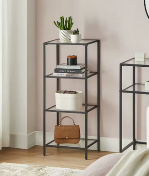 Moderne Staande Plank met 4 Glazen Planken – Metalen Frame, Compact en Stabiel voor Badkamer of Keuken