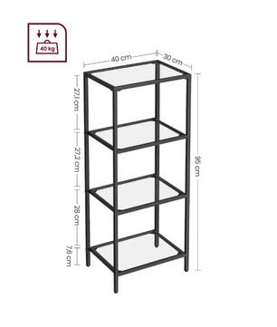 Moderne Staande Plank met 4 Glazen Planken – Metalen Frame, Compact en Stabiel voor Badkamer of Keuken