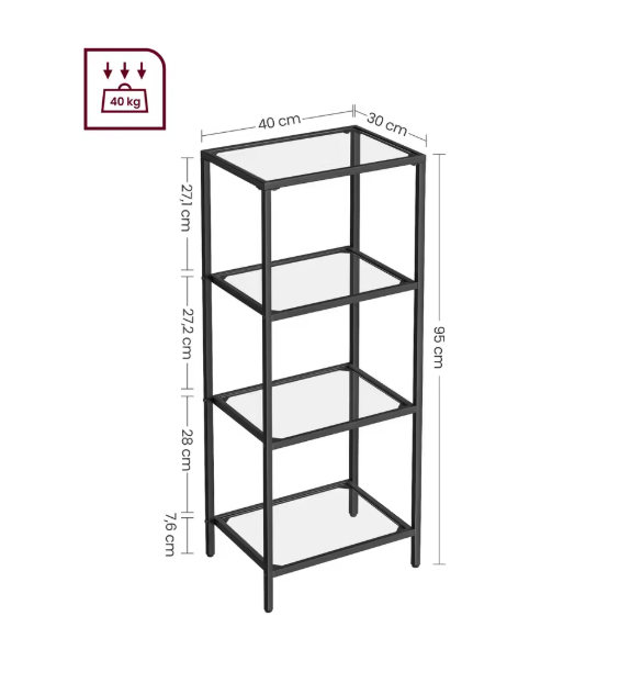 Moderne Staande Plank met 4 Glazen Planken – Metalen Frame, Compact en Stabiel voor Badkamer of Keuken