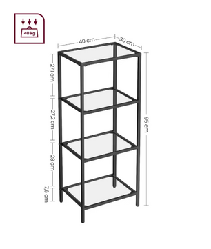 Zwarte Metalen Wandkast met 4 Glazen Planken – Moderne Staande Opbergkast voor Badkamer, Woonkamer of Kantoor