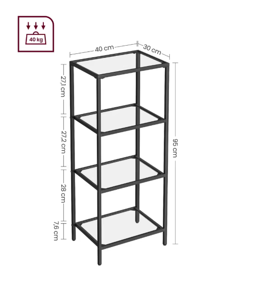 Zwarte Metalen Wandkast met 4 Glazen Planken – Moderne Staande Opbergkast voor Badkamer, Woonkamer of Kantoor