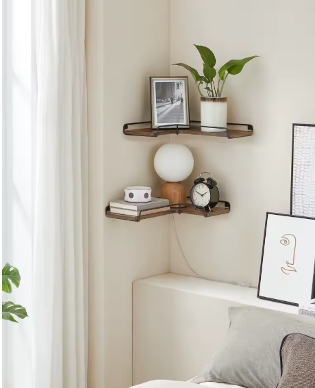 Set van 2 Industriële Wandplanken – L-vormige Hoekplanken van Hout en Staal voor Woonkamer, Keuken of Slaapkamer