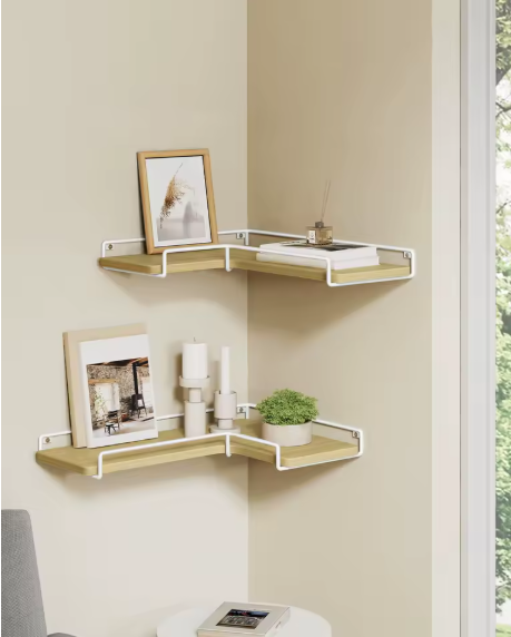 Set van 2 Industriële Wandplanken – L-vormige Hoekplanken van Hout en Staal voor Woonkamer, Keuken of Slaapkamer