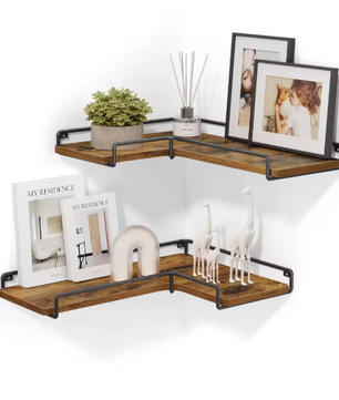 Set van 2 Industriële Wandplanken – L-vormige Hoekplanken van Hout en Staal voor Woonkamer, Keuken of Slaapkamer