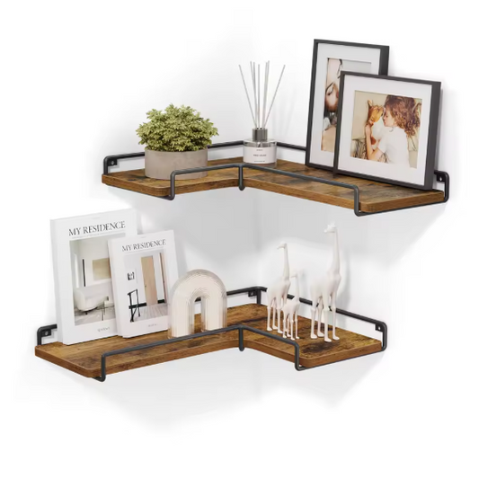 Set van 2 Industriële Wandplanken – L-vormige Hoekplanken van Hout en Staal voor Woonkamer, Keuken of Slaapkamer