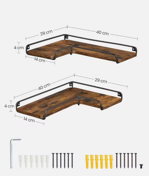 Set van 2 Industriële Wandplanken – L-vormige Hoekplanken van Hout en Staal voor Woonkamer, Keuken of Slaapkamer