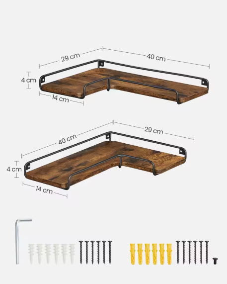 Set van 2 Industriële Wandplanken – L-vormige Hoekplanken van Hout en Staal voor Woonkamer, Keuken of Slaapkamer