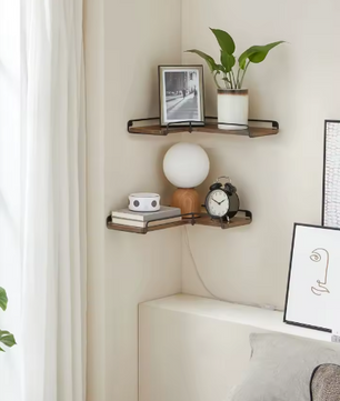 Set van 2 Industriële Wandplanken – L-vormige Hoekplanken van Hout en Staal voor Woonkamer, Keuken of Slaapkamer