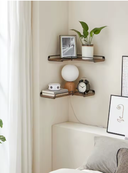 Set van 2 Industriële Wandplanken – L-vormige Hoekplanken van Hout en Staal voor Woonkamer, Keuken of Slaapkamer