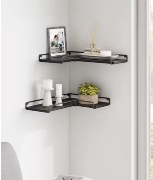 Set van 2 Industriële Wandplanken – L-vormige Hoekplanken van Hout en Staal voor Woonkamer, Keuken of Slaapkamer