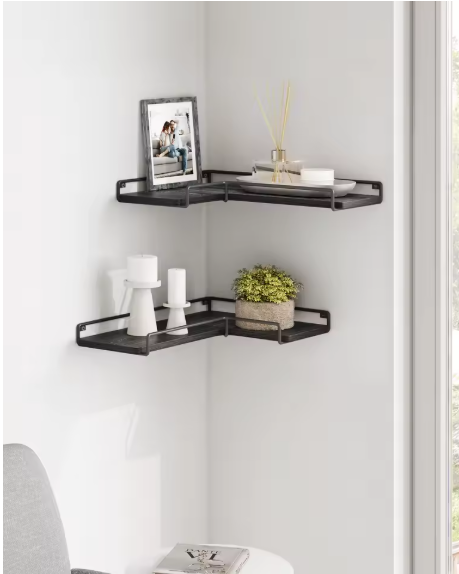 Set van 2 Industriële Wandplanken – L-vormige Hoekplanken van Hout en Staal voor Woonkamer, Keuken of Slaapkamer