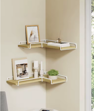 Set van 2 Industriële Wandplanken – L-vormige Hoekplanken van Hout en Staal voor Woonkamer, Keuken of Slaapkamer