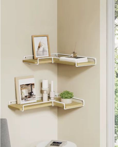 Set van 2 Industriële Wandplanken – L-vormige Hoekplanken van Hout en Staal voor Woonkamer, Keuken of Slaapkamer