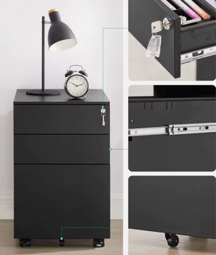 Afsluitbare Bureau Rolcontainer met 3 Lades – Stalen Kantoorkast op Wielen, 39x60x52 cm