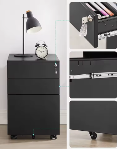 Afsluitbare Bureau Rolcontainer met 3 Lades – Stalen Kantoorkast op Wielen, 39x60x52 cm