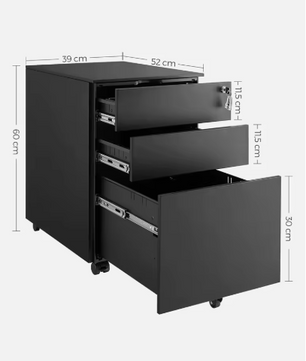 Afsluitbare Bureau Rolcontainer met 3 Lades – Stalen Kantoorkast op Wielen, 39x60x52 cm
