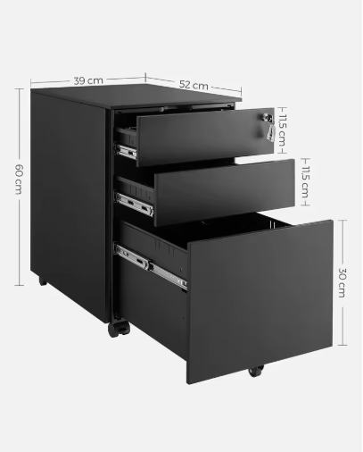 Afsluitbare Bureau Rolcontainer met 3 Lades – Stalen Kantoorkast op Wielen, 39x60x52 cm