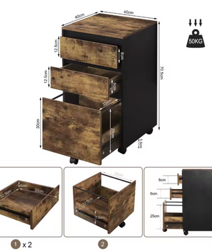 Mobiele Archiefkast met 3 Laden – Kantoor Organizer met Wielen en Industriële Look