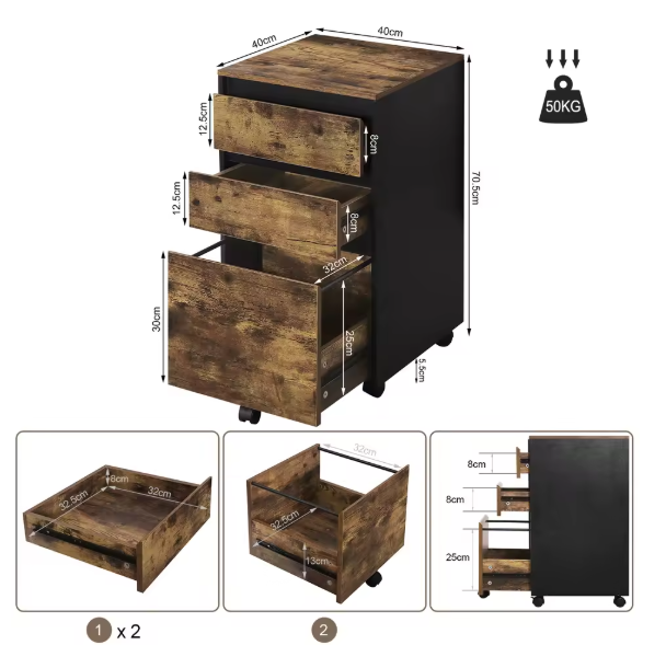 Mobiele Archiefkast met 3 Laden – Kantoor Organizer met Wielen en Industriële Look