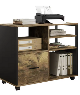 Verplaatsbare Archiefkast met Laden en Wielen – Industriële Printertafel met Open Vakken en Ophanglade voor Documenten (80×40×65 cm)