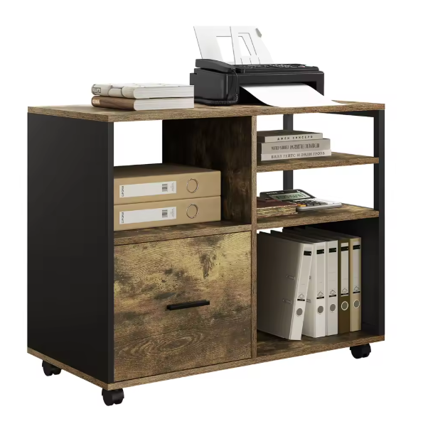 Verplaatsbare Archiefkast met Laden en Wielen – Industriële Printertafel met Open Vakken en Ophanglade voor Documenten (80×40×65 cm)