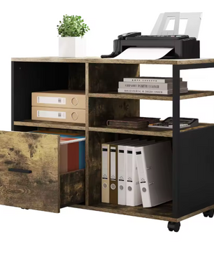 Verplaatsbare Archiefkast met Laden en Wielen – Industriële Printertafel met Open Vakken en Ophanglade voor Documenten (80×40×65 cm)