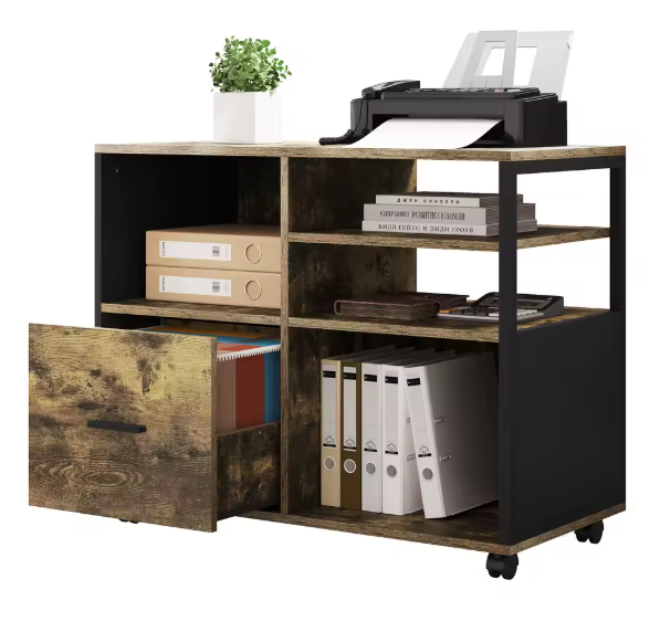 Verplaatsbare Archiefkast met Laden en Wielen – Industriële Printertafel met Open Vakken en Ophanglade voor Documenten (80×40×65 cm)