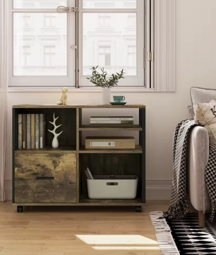 Verplaatsbare Archiefkast met Laden en Wielen – Industriële Printertafel met Open Vakken en Ophanglade voor Documenten (80×40×65 cm)