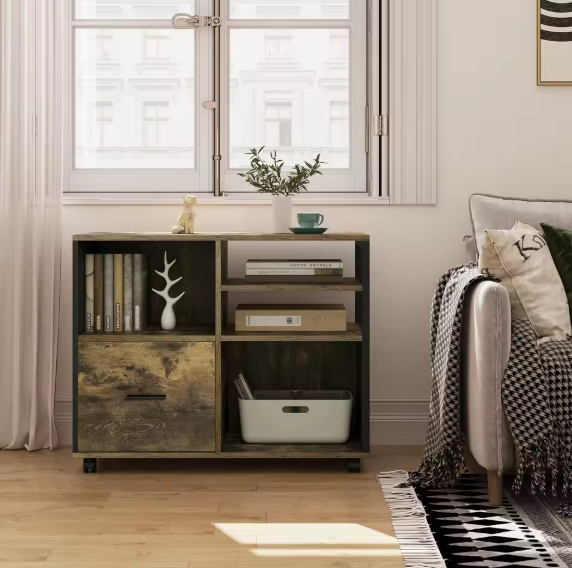 Verplaatsbare Archiefkast met Laden en Wielen – Industriële Printertafel met Open Vakken en Ophanglade voor Documenten (80×40×65 cm)