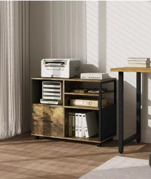 Verplaatsbare Archiefkast met Laden en Wielen – Industriële Printertafel met Open Vakken en Ophanglade voor Documenten (80×40×65 cm)