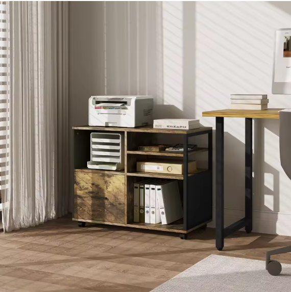 Verplaatsbare Archiefkast met Laden en Wielen – Industriële Printertafel met Open Vakken en Ophanglade voor Documenten (80×40×65 cm)