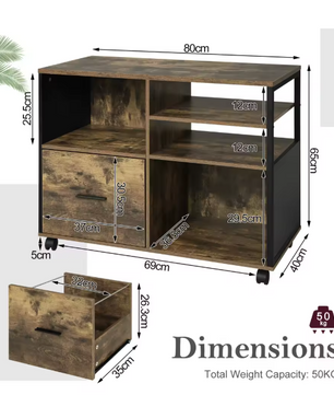 Verplaatsbare Archiefkast met Laden en Wielen – Industriële Printertafel met Open Vakken en Ophanglade voor Documenten (80×40×65 cm)
