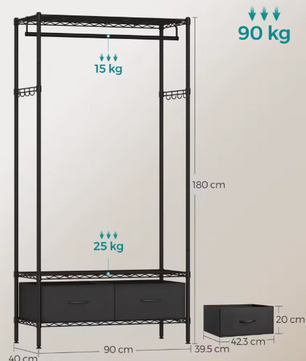 Metalen Open Kledingkast met Lades en Haken – 90x40x180 cm, Industrieel Ontwerp