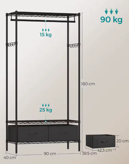 Metalen Open Kledingkast met Lades en Haken – 90x40x180 cm, Industrieel Ontwerp