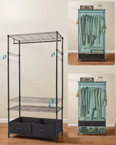 Metalen Open Kledingkast met Lades en Haken – 90x40x180 cm, Industrieel Ontwerp
